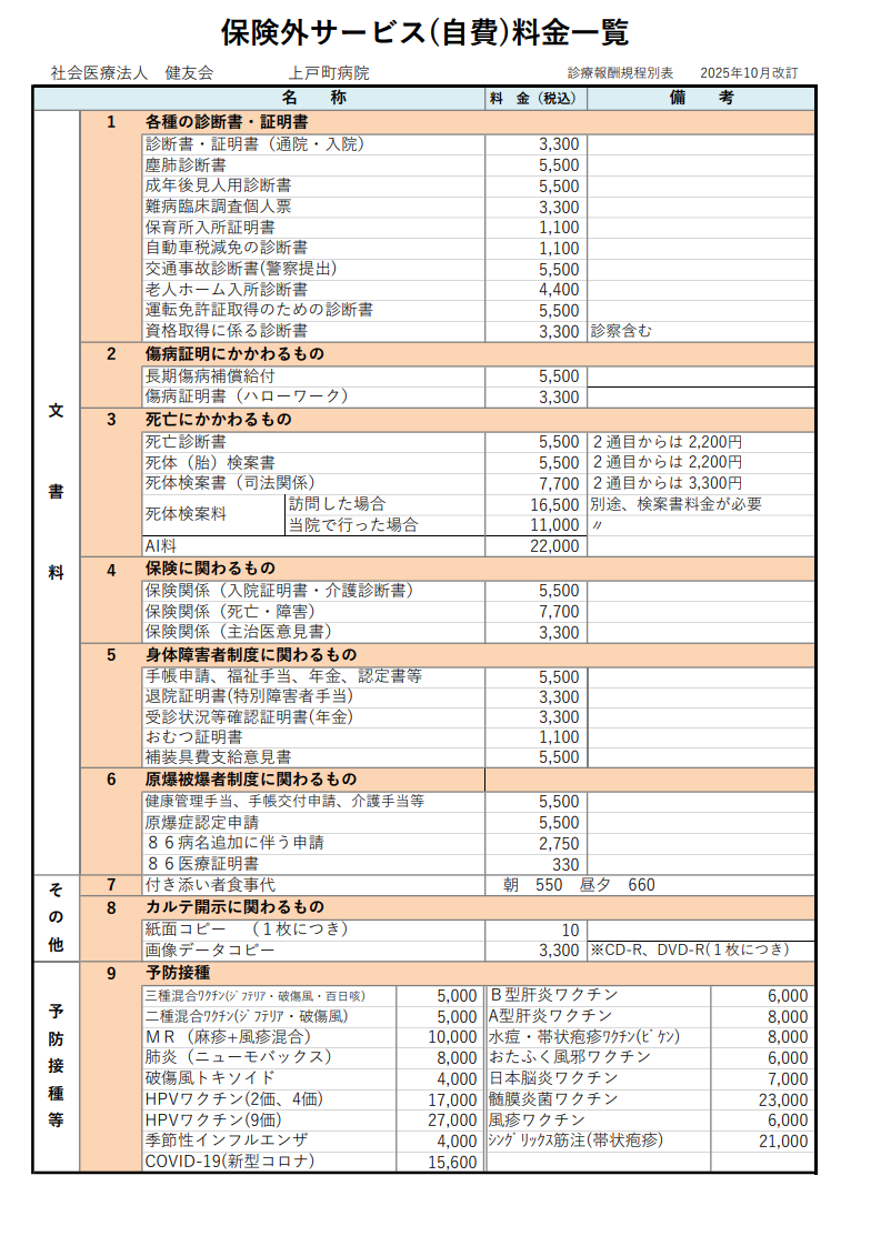保険外サービス料金一覧