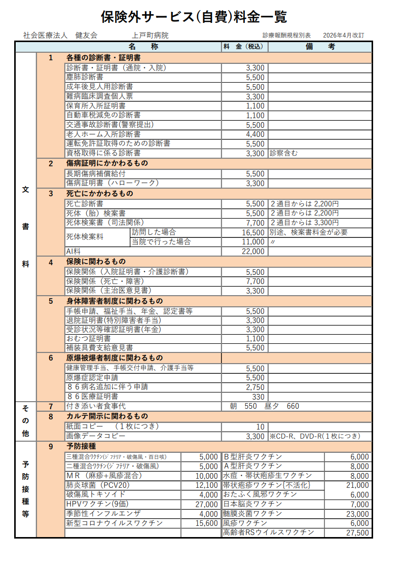 保険外サービス料金一覧